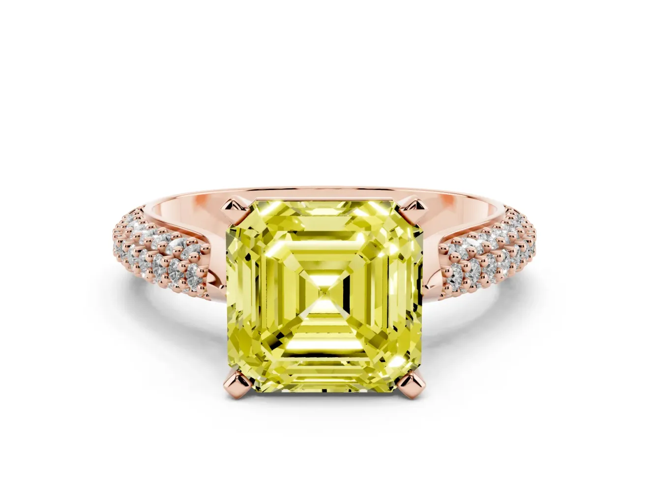 Fancy Yellow Asscher Cut Diamond Solitaire Engagement Ring Set in Rose gold with Multi-Row Round Pavé Band and Prong Setting