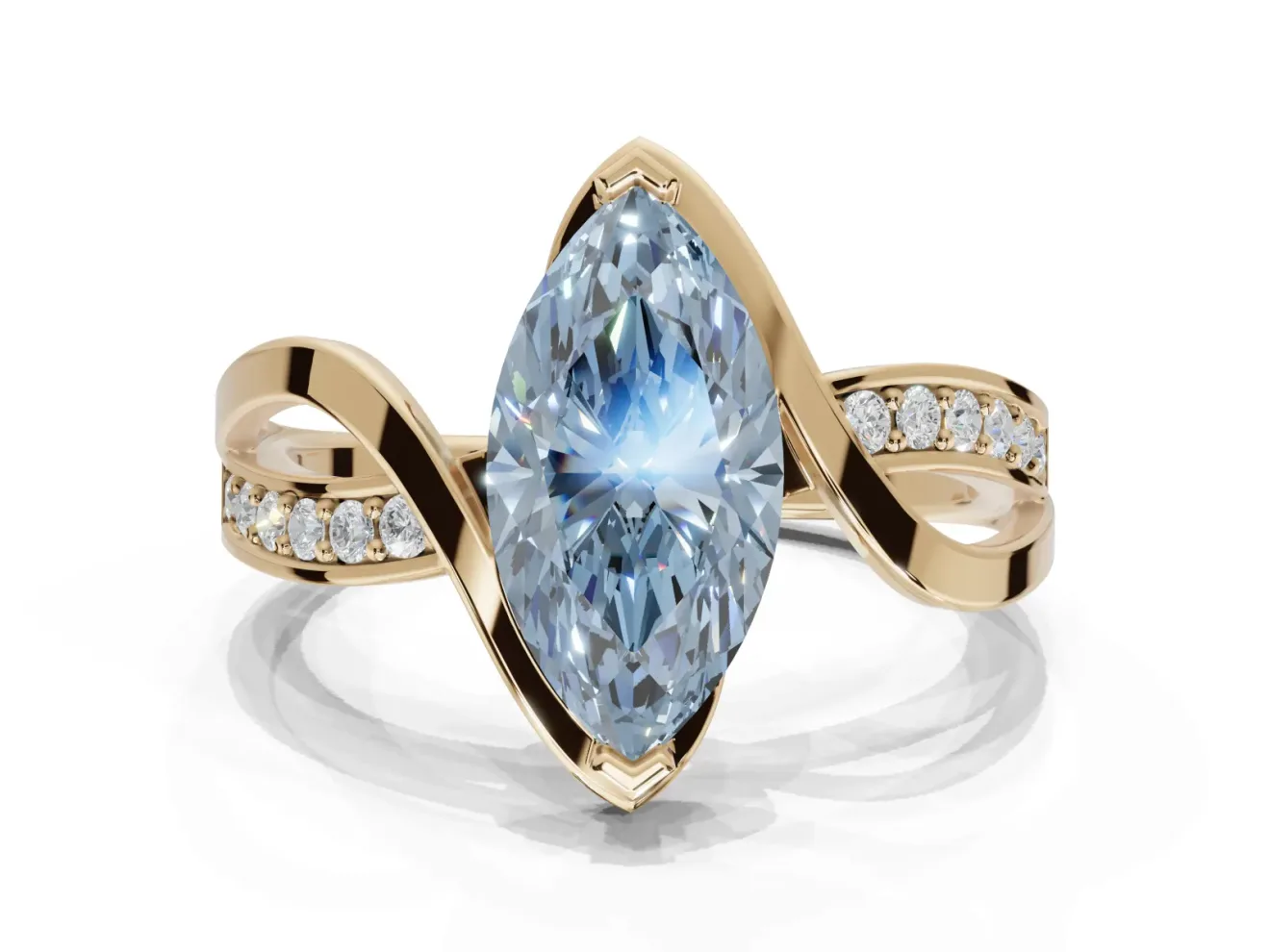 Marquise Bypass Solitaire Engagement Ring Setting for a Fancy Blue Lab-Grown Diamond | Pavé Strands | Yellow Gold