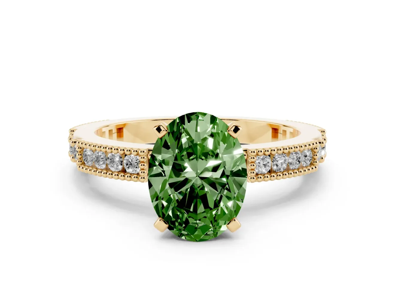 Fancy Green Oval Cut Diamond Solitaire Ring Set in Yellow gold with Slim Pavé Band and Prong Setting