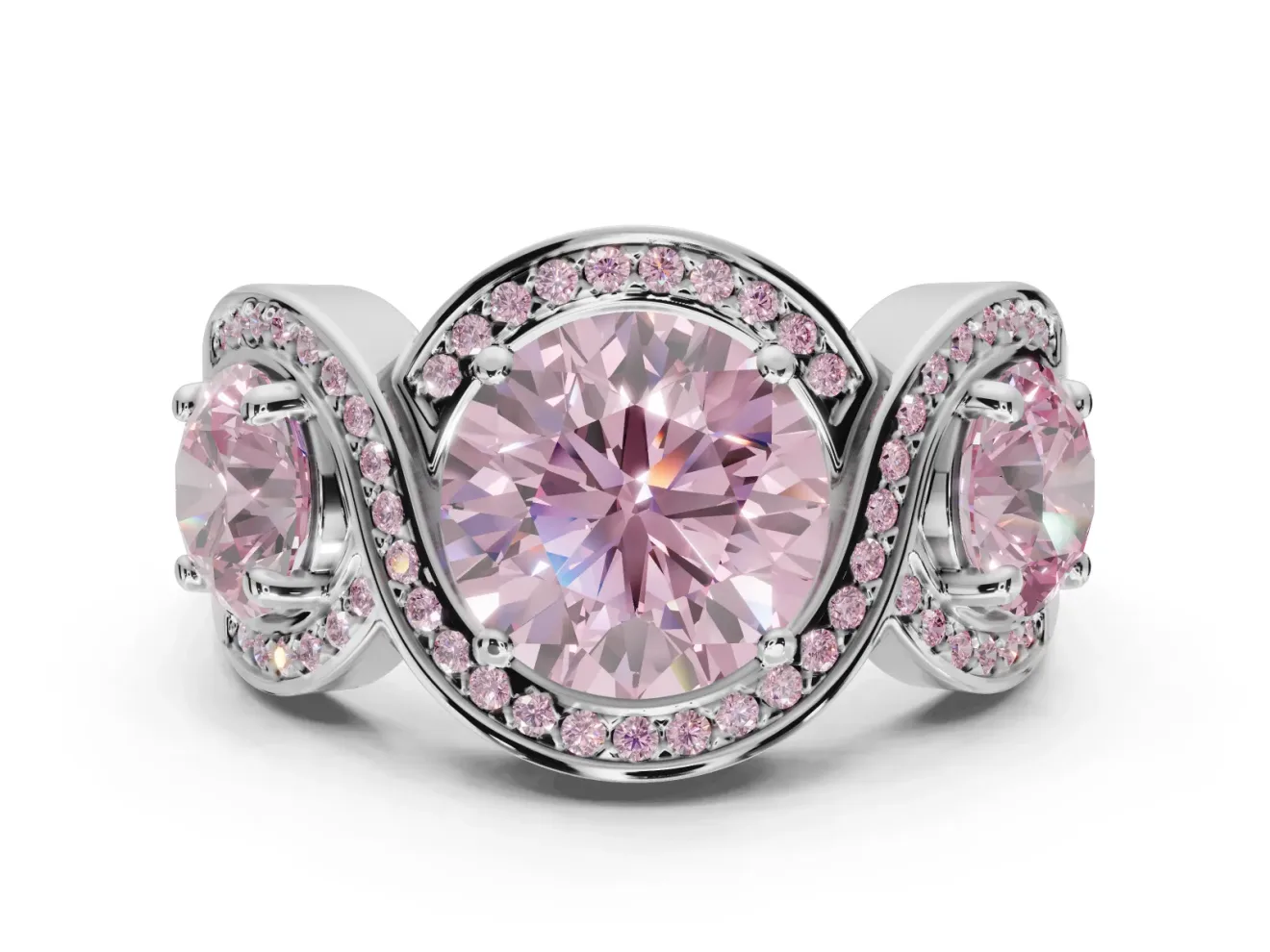 Round Three Stone Halo Engagement Ring Setting for a Fancy Pink Lab-Grown Diamond | Pavé Wave Band | Sterling Silver