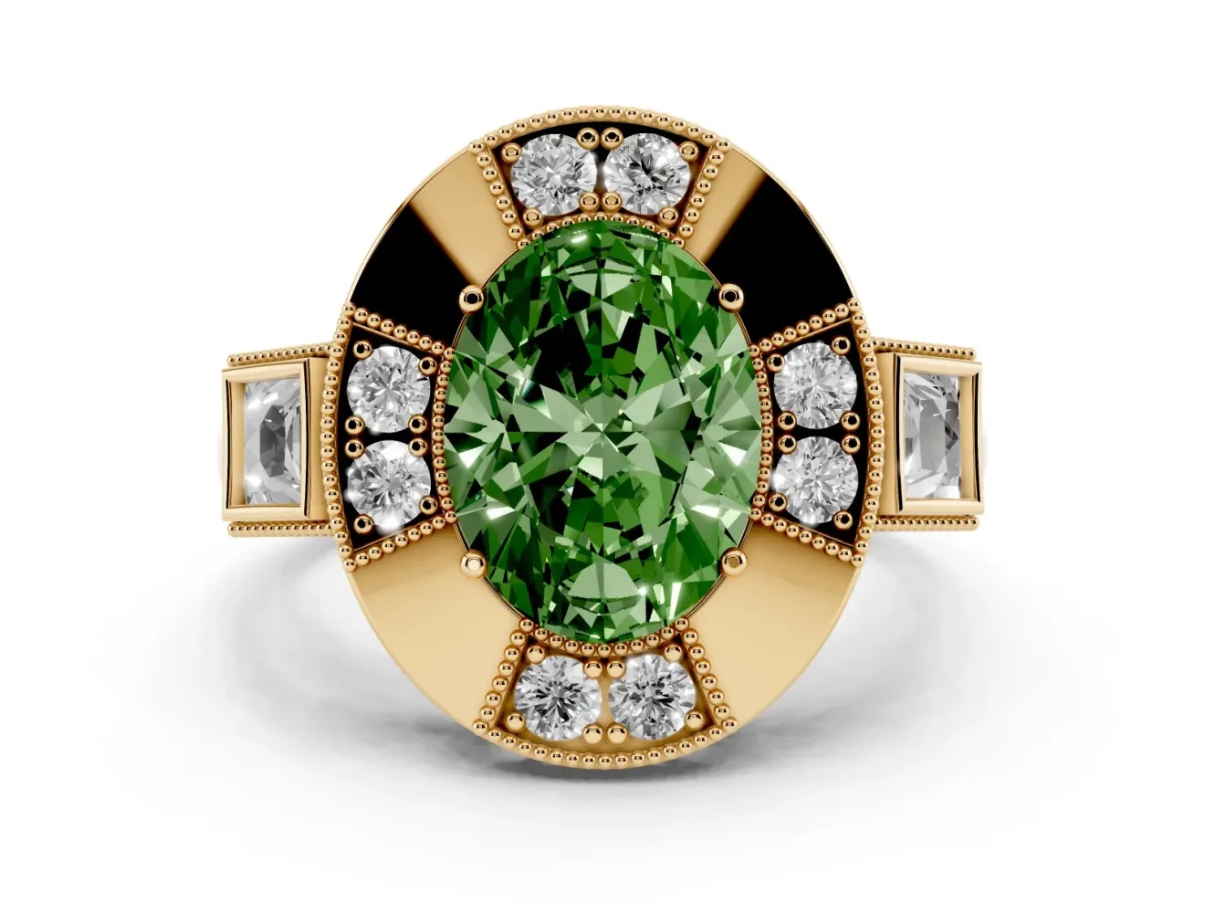 Fancy Green Oval Cut Diamond Milgrain Halo Ring Set in Yellow gold with Split Shank