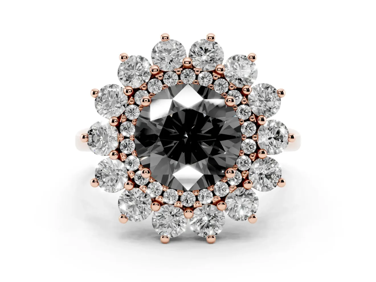 Round Floral Double Halo Engagement Ring Setting for a Black Center | Plain Band | Rose Gold