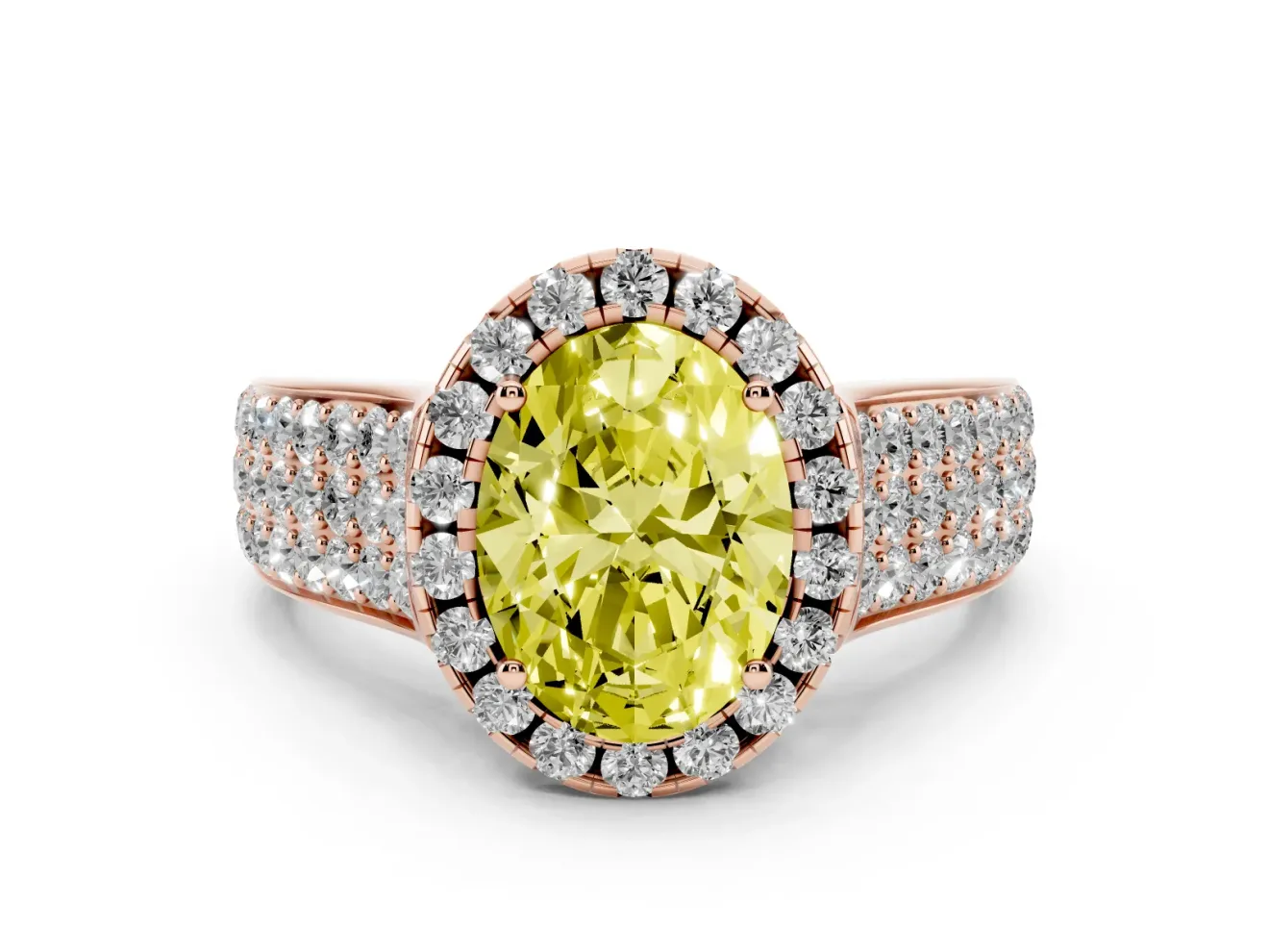 Fancy Yellow Oval Cut Diamond Halo Ring Set in Rose gold with Pavé Band and Raised Center Setting