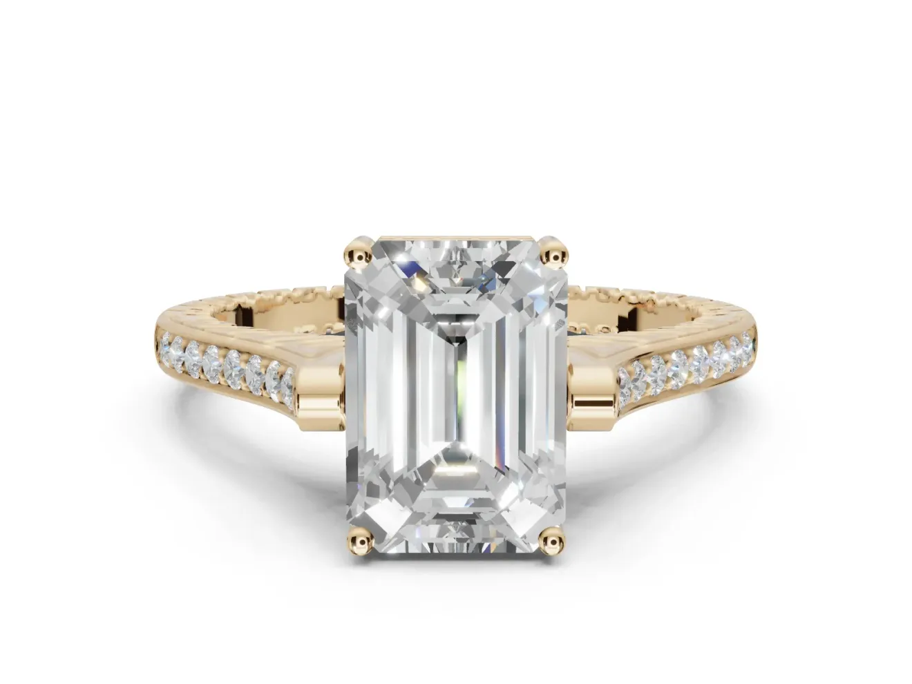 Emerald Cut Vintage Cathedral Engagement Ring Setting | Carved Band | Yellow Gold