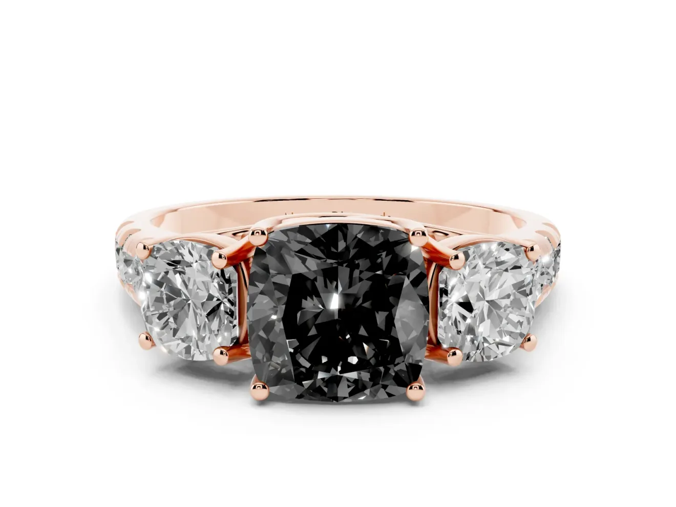 Cushion Cut Three Stone Engagement Ring Setting for a Black Center | Accented Shoulders | Rose Gold