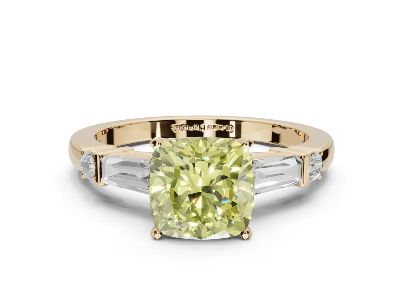 Cushion Cut Tapered Baguette Engagement Ring Setting for a Fancy Yellow Lab-Grown Diamond | Bar Set Sides | Yellow Gold