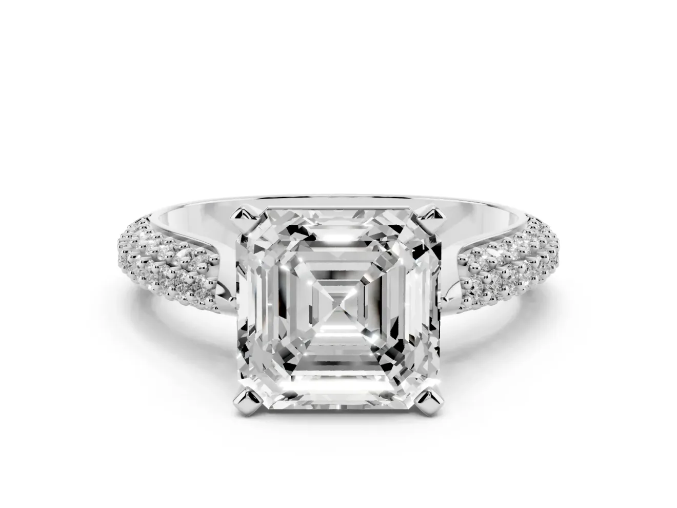 Asscher Cut Pavé Solitaire Engagement Ring Setting | Multi-Row Shoulders | White Gold