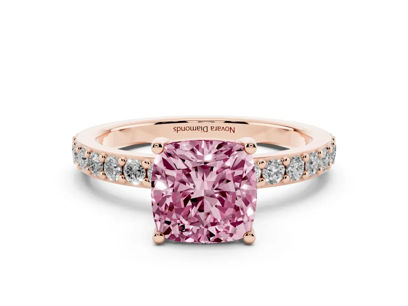 Fancy Pink Cushion Cut Diamond Solitaire Set in Rose gold with Round Pavé Band and Prong Setting