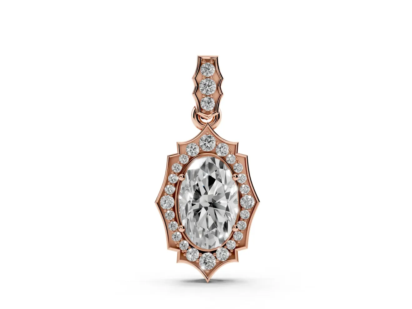 Oval Lab-Grown Diamond Art Deco Halo Pendant Necklace | Scalloped Frame | Rose Gold