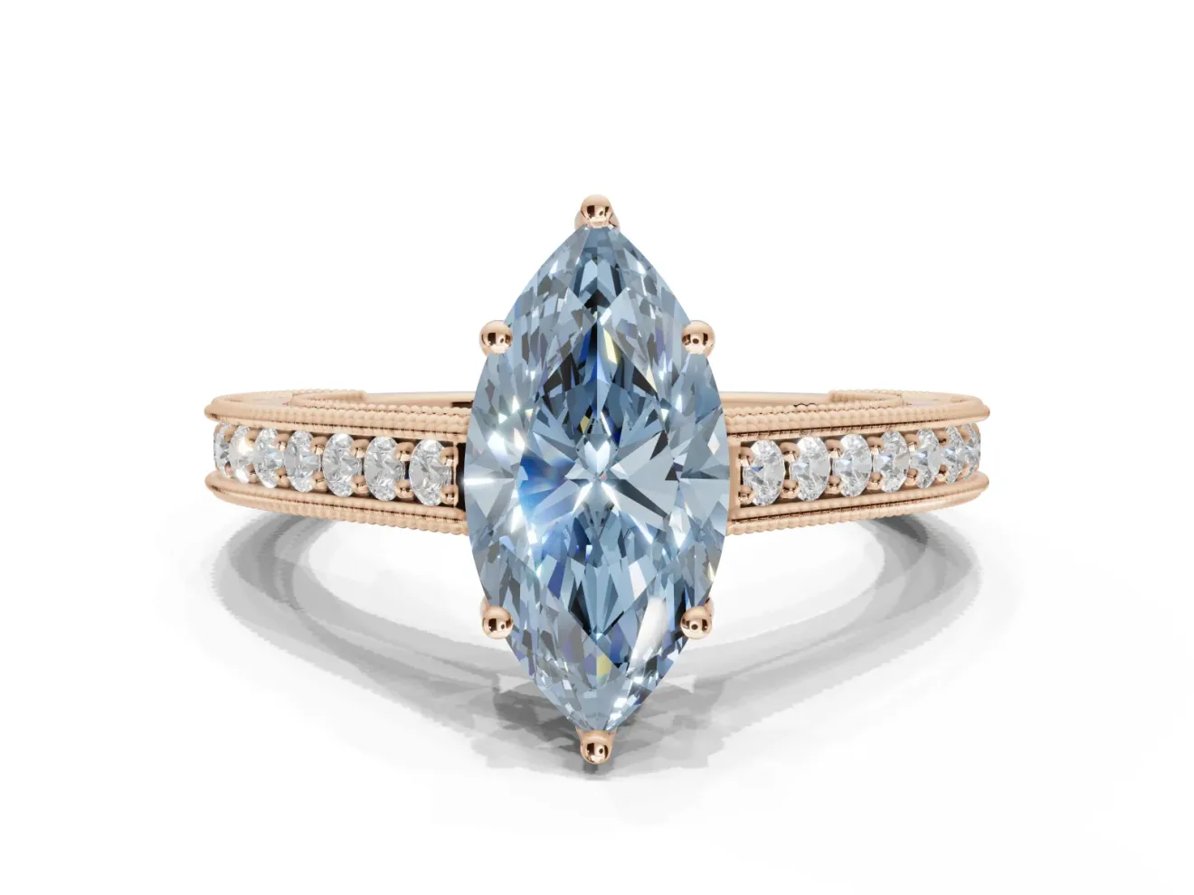 Marquise Vintage Engraved Pavé Engagement Ring Setting for a Fancy Blue Lab-Grown Diamond | Milgrain Edges | Rose Gold