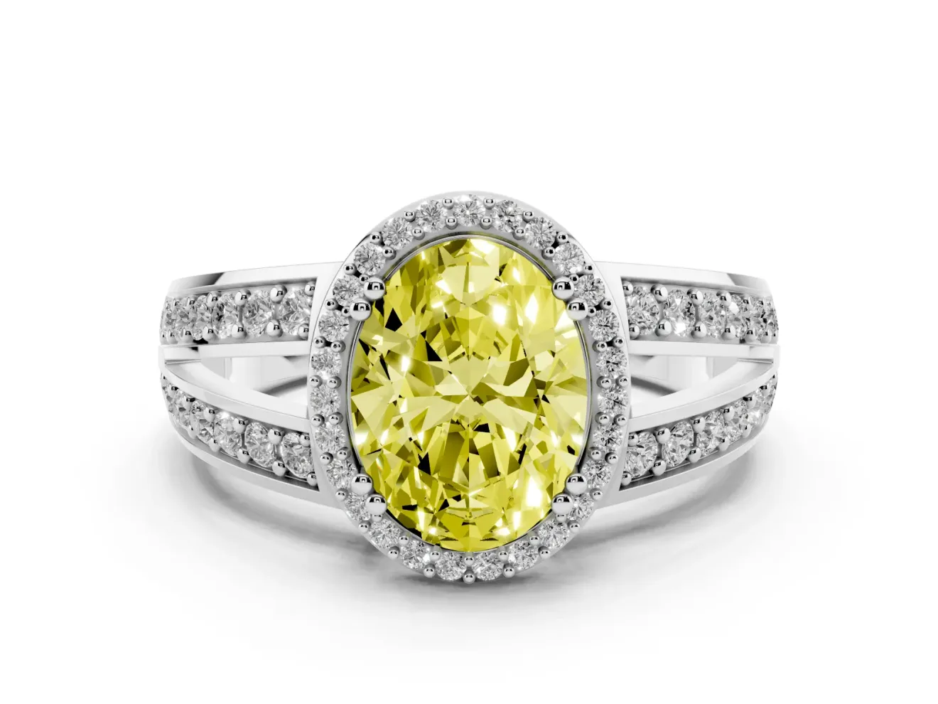 Fancy Yellow Oval Cut Diamond Halo Ring Set in Platinum with Double Pavé Split Shank