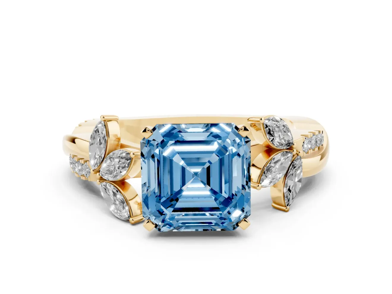 Asscher Cut Floral Vine Engagement Ring Setting for a Fancy Blue Lab-Grown Diamond | Yellow Gold