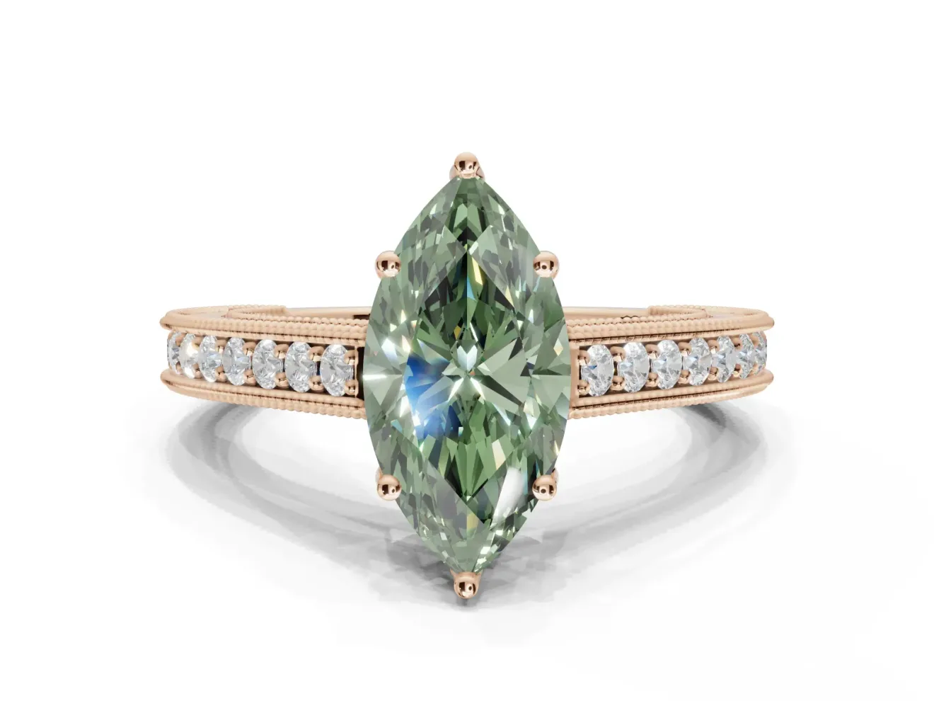 Marquise Vintage Engraved Pavé Engagement Ring Setting for a Fancy Green Lab-Grown Diamond | Milgrain Edges | Rose Gold