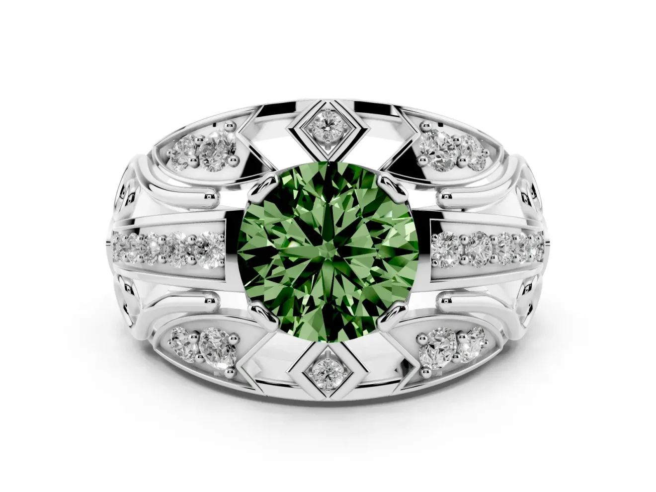 Fancy Green Round Cut Diamond Art Deco Ring Set in Platinum with Pavé Split Shank