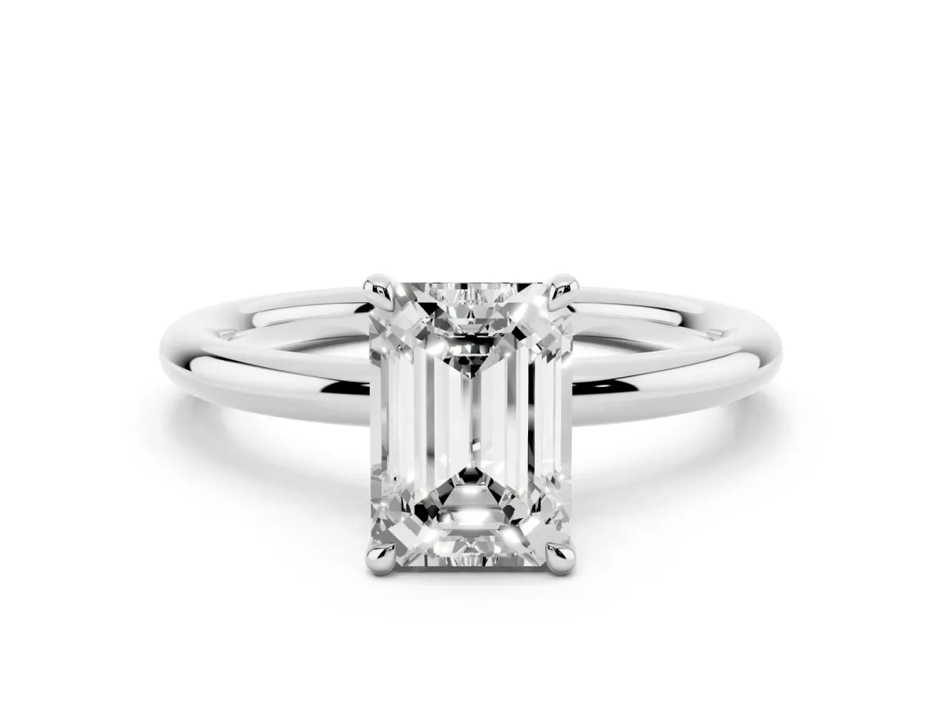 Emerald Cut Diamond Solitaire Ring Set in Silver with Thin Band and Prong Setting