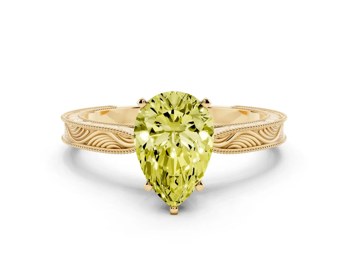 Fancy Yellow Pear Cut Diamond Solitaire Milgrain Engraved Band Set in Yellow gold with Prong Setting