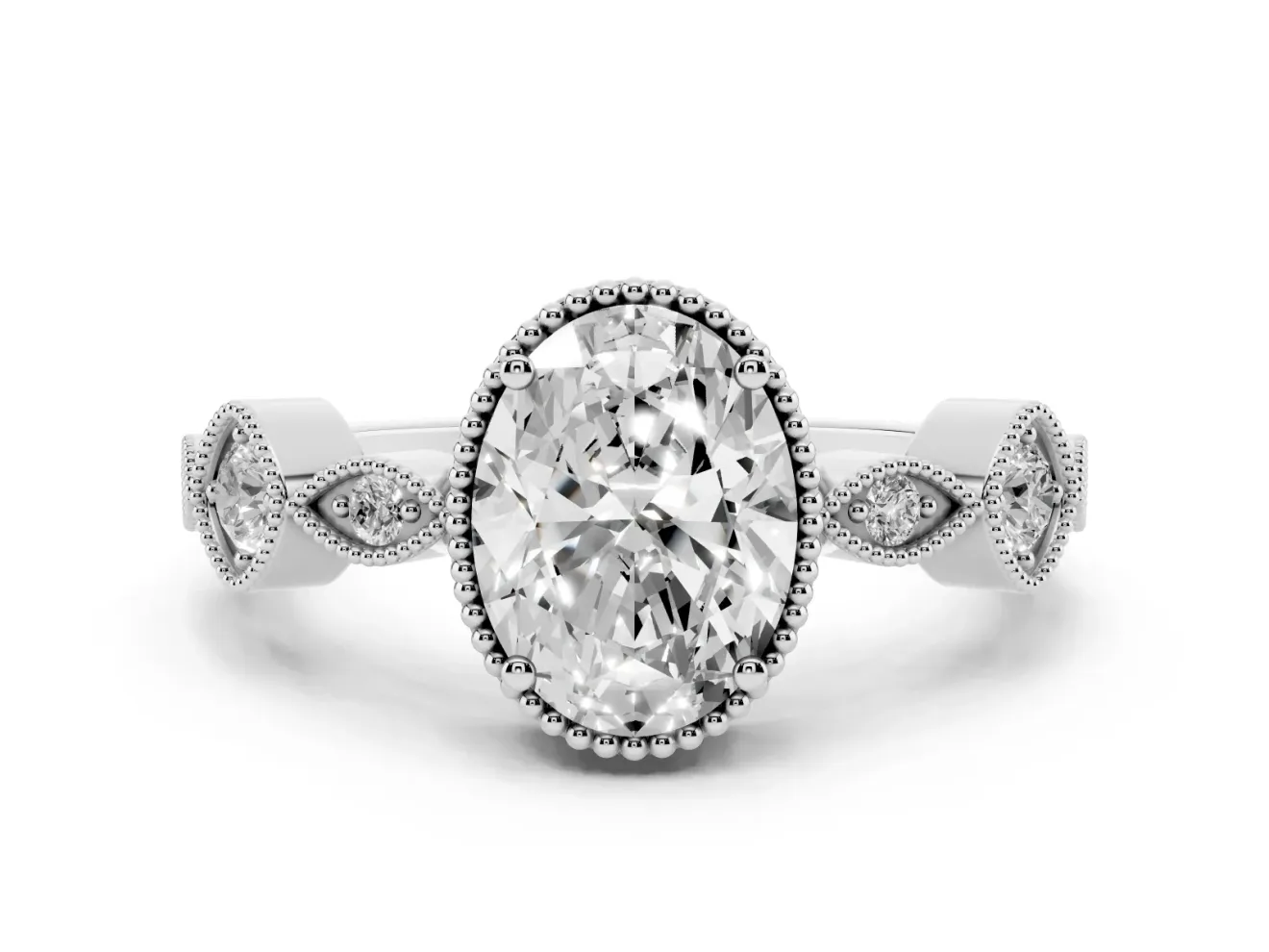 Oval Vintage Milgrain Engagement Ring Setting | Marquise and Square Stations | Platinum