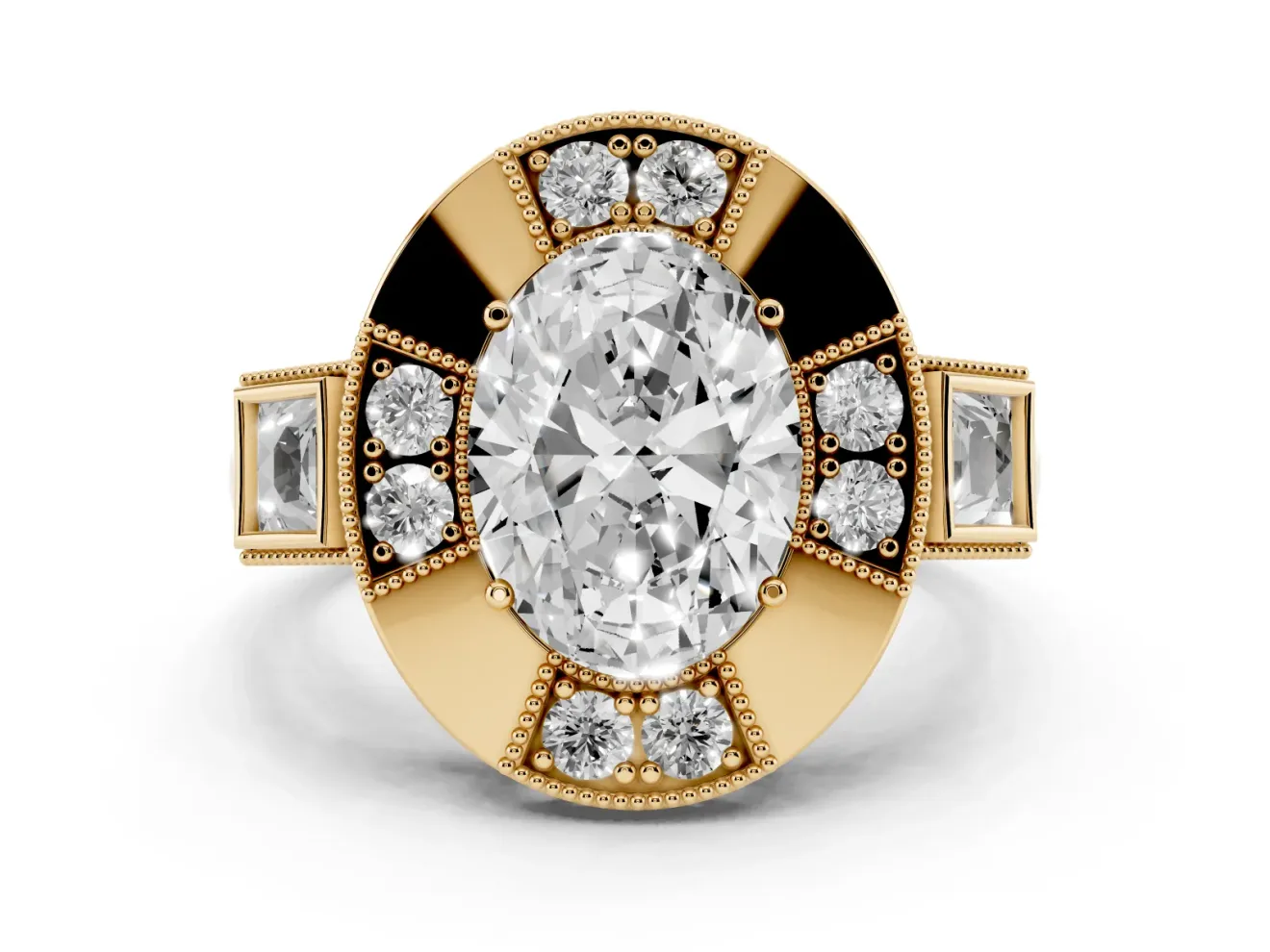 Oval Cut Diamond Milgrain Halo Ring Set in Yellow gold with Split Shank