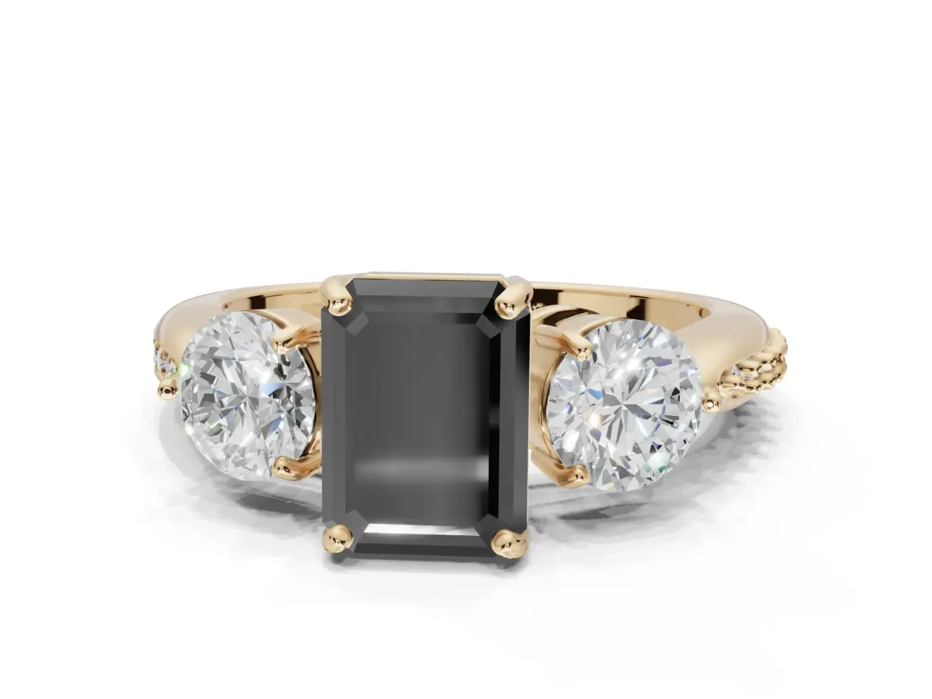 Emerald Cut Three Stone Engagement Ring Setting for a Black Center | Tapered Pavé Band | Yellow Gold