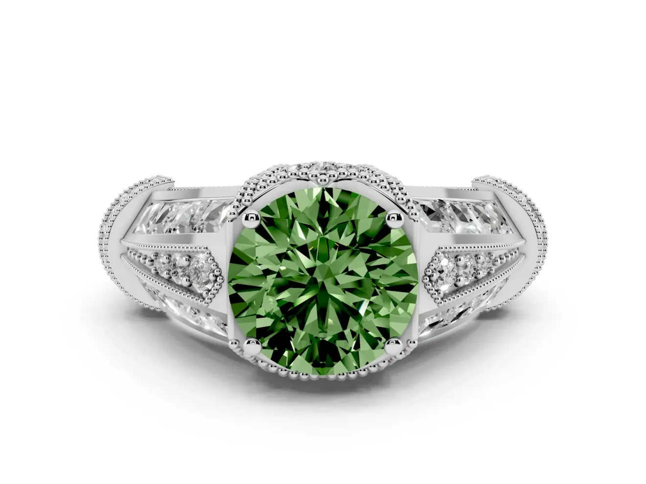 Fancy Green Round Cut Diamond Vintage-Inspired Milgrain Ring Set in Silver with Accent Split Shank