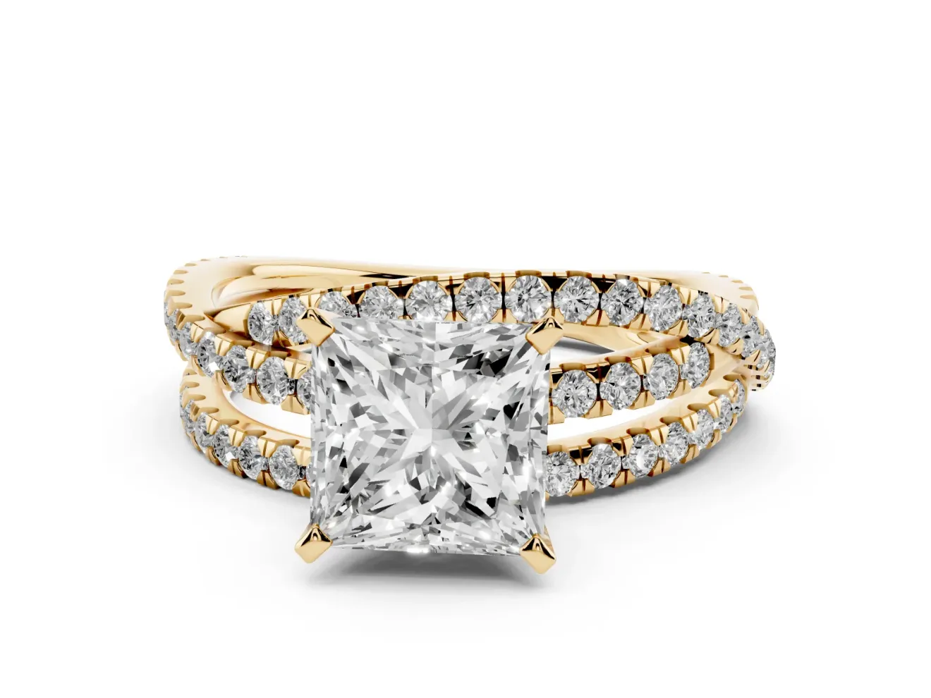 Princess Cut Twisted Pavé Solitaire Engagement Ring Setting | Three-Strand Band | Yellow Gold