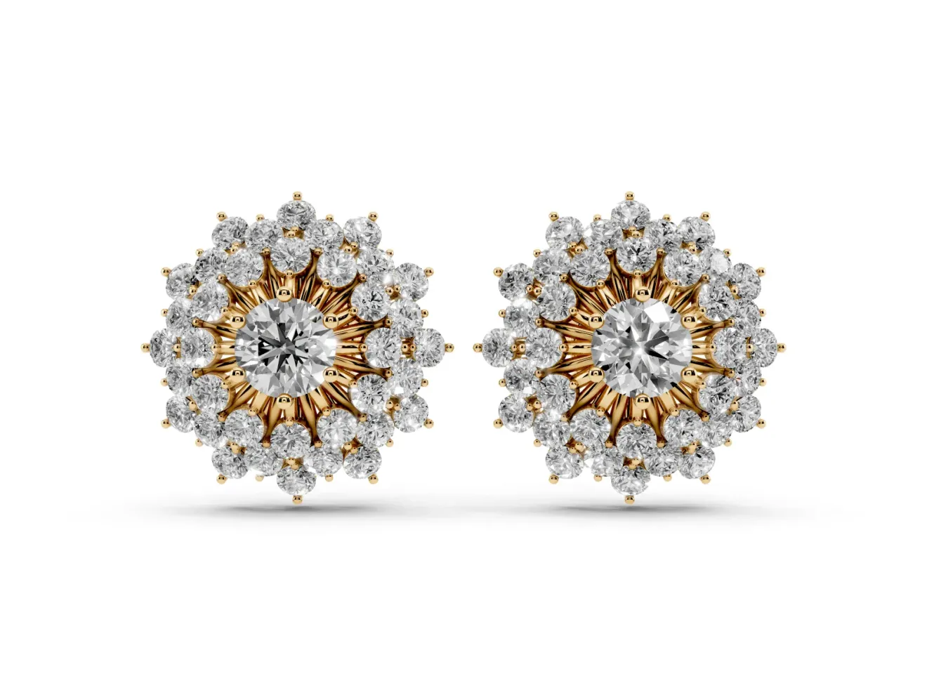 Round Lab-Grown Diamond Sunburst Cluster Stud Earrings | Star Outline | Yellow Gold