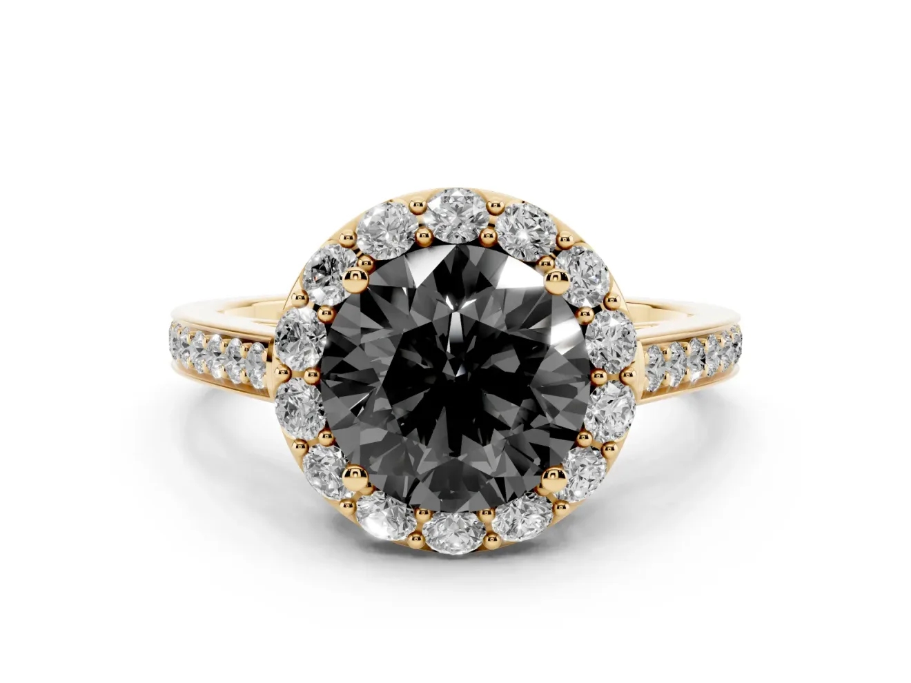 Fancy Black Round Cut Diamond Floral Halo Ring Set in Yellow gold with Pavé Band and Prong Setting