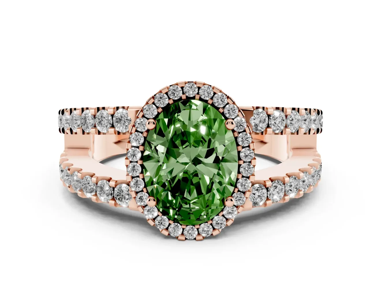 Oval Halo Split Shank Engagement Ring Setting for a Fancy Green Lab-Grown Diamond | Rose Gold