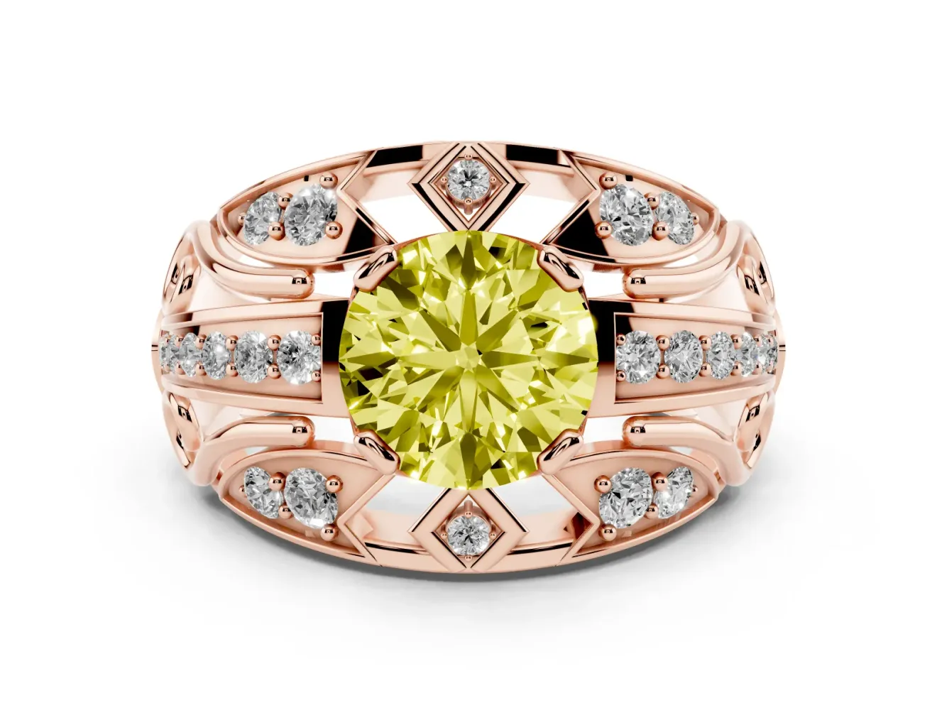 Round Art Deco Graduated Engagement Ring Setting for a Fancy Yellow Lab-Grown Diamond | Rose Gold