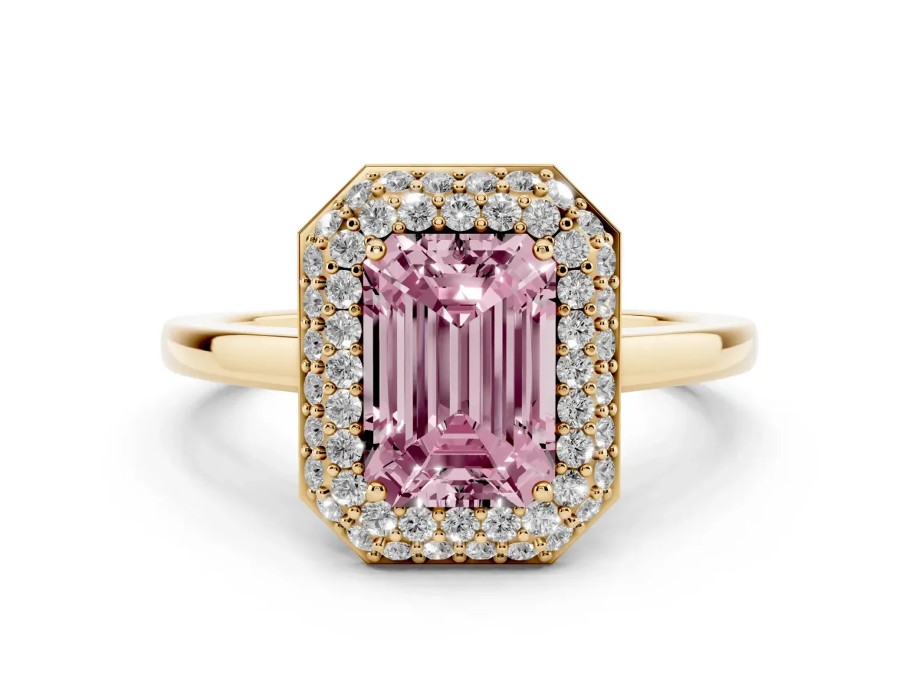 Emerald Cut Pave Halo Engagement Ring Setting for a Fancy Pink Lab-Grown Diamond | Slim Plain Band | Yellow Gold
