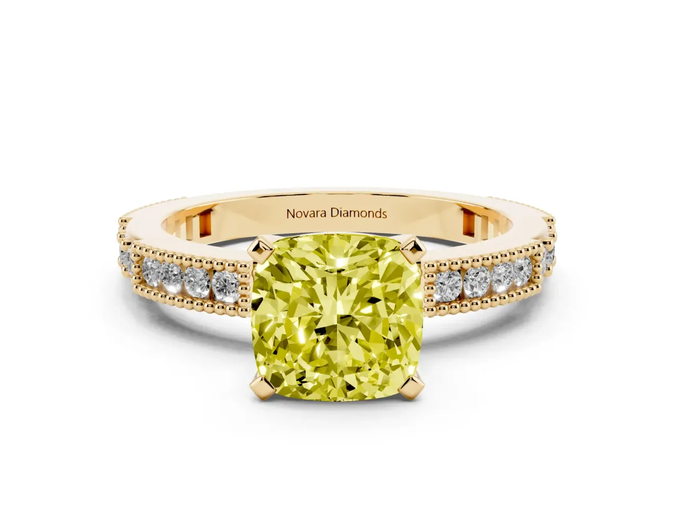 Fancy Yellow Cushion Cut Diamond Solitaire Ring Set in Yellow gold with Slim Pavé Band and Prong Setting