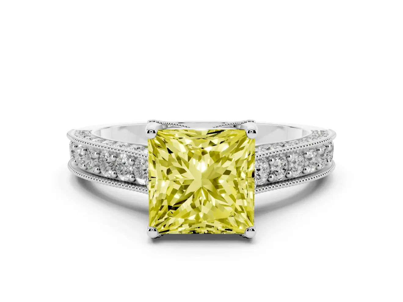 Princess Cut Hidden Halo Engagement Ring Setting for a Fancy Yellow Lab-Grown Diamond | Milgrain Pave | Platinum