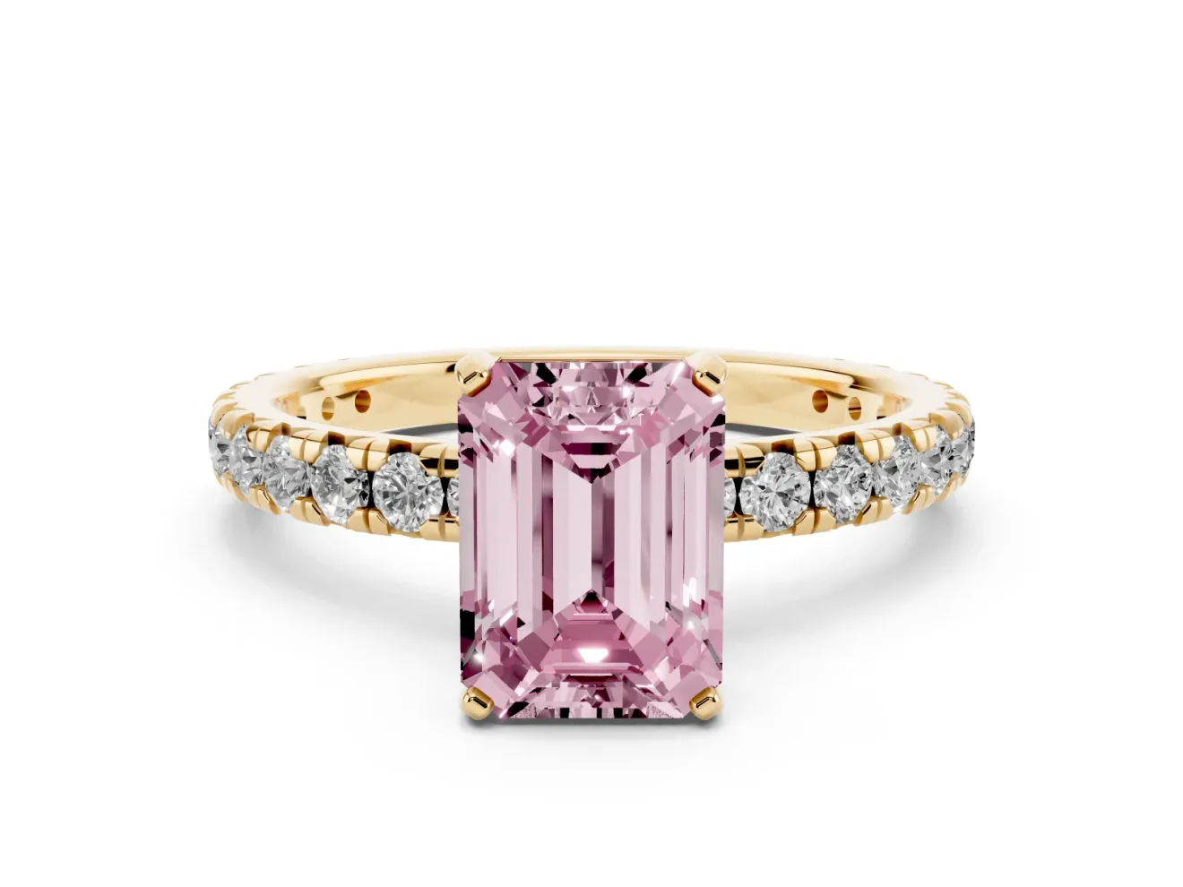Fancy Pink Emerald Cut Diamond Pavé Solitaire Ring Set in Yellow gold with Round Band and Prong Setting