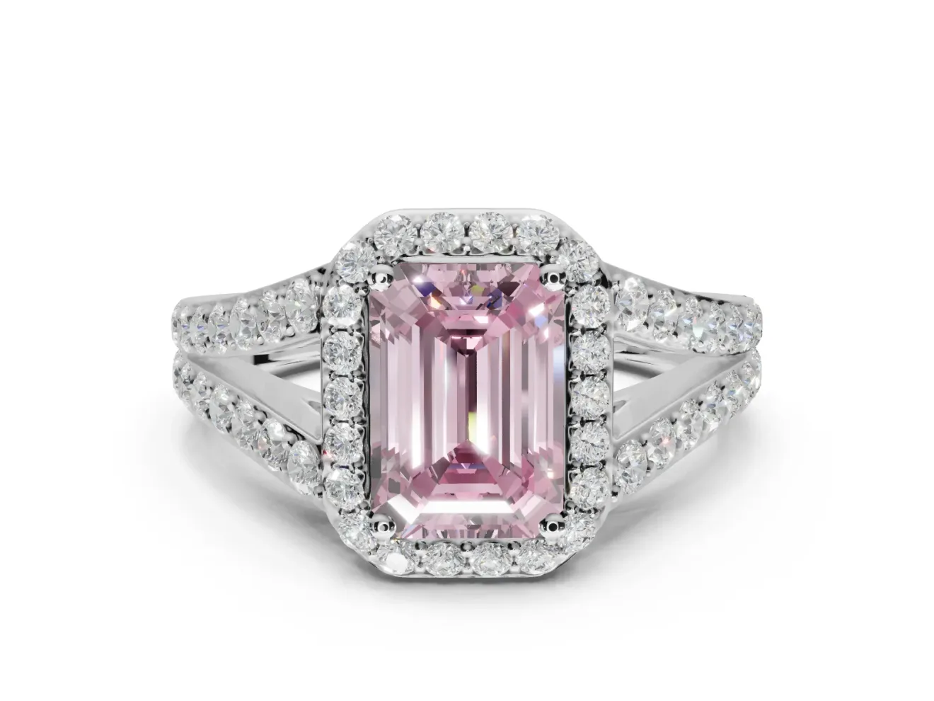 Emerald Cut Halo Pavé Engagement Ring Setting for a Fancy Pink Lab-Grown Diamond | Narrow Split Shank | Platinum
