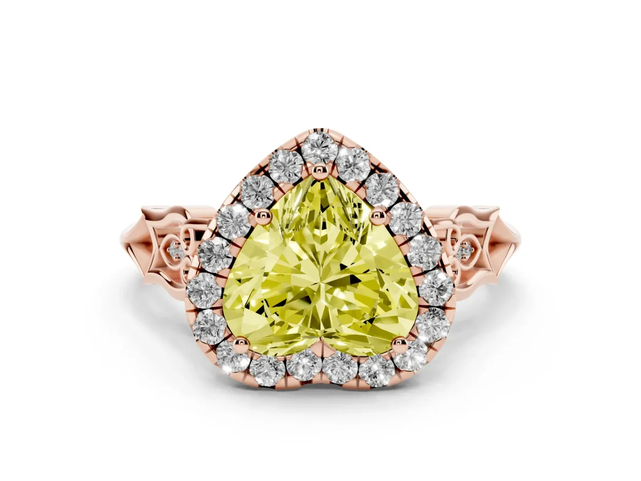 Heart-Shaped Halo Engagement Ring Setting for a Fancy Yellow Lab-Grown Diamond | Filigree Shoulders | Rose Gold