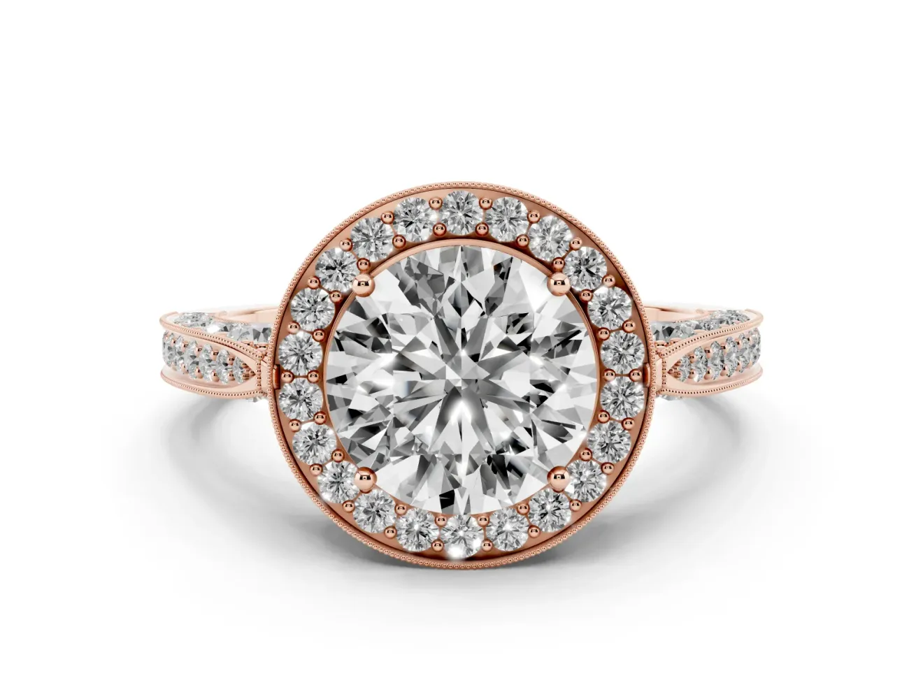 Round Vintage Milgrain Halo Engagement Ring Setting | Side Stones and Pave | Rose Gold