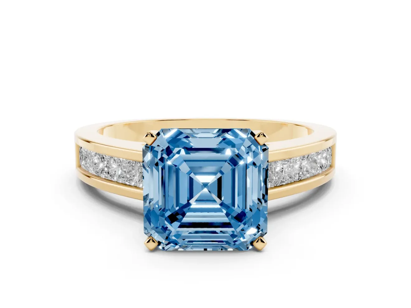 Fancy Blue Asscher Cut Diamond Solitaire Ring Set in Yellow gold with Channel-Set Band and Prong Setting