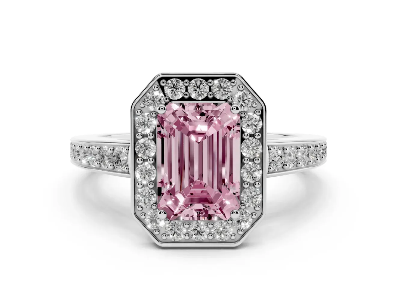 Fancy Pink Emerald Cut Diamond Halo Pavé Engagement Ring Set in Silver with Bezel Setting