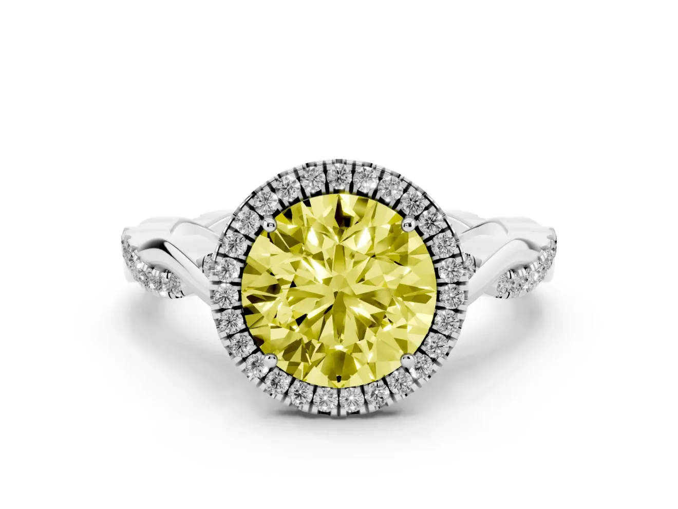 Round Twist Halo Engagement Ring Setting for a Fancy Yellow Lab-Grown Diamond | White Gold