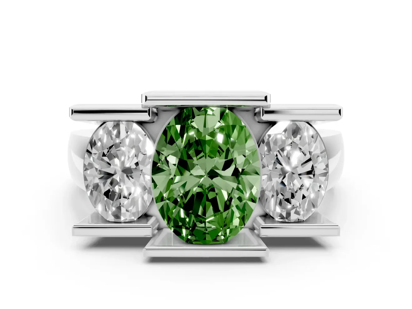 Fancy Green Oval Cut Diamond Three-Stone Channel Set Ring Set in White gold with Smooth Polished Band