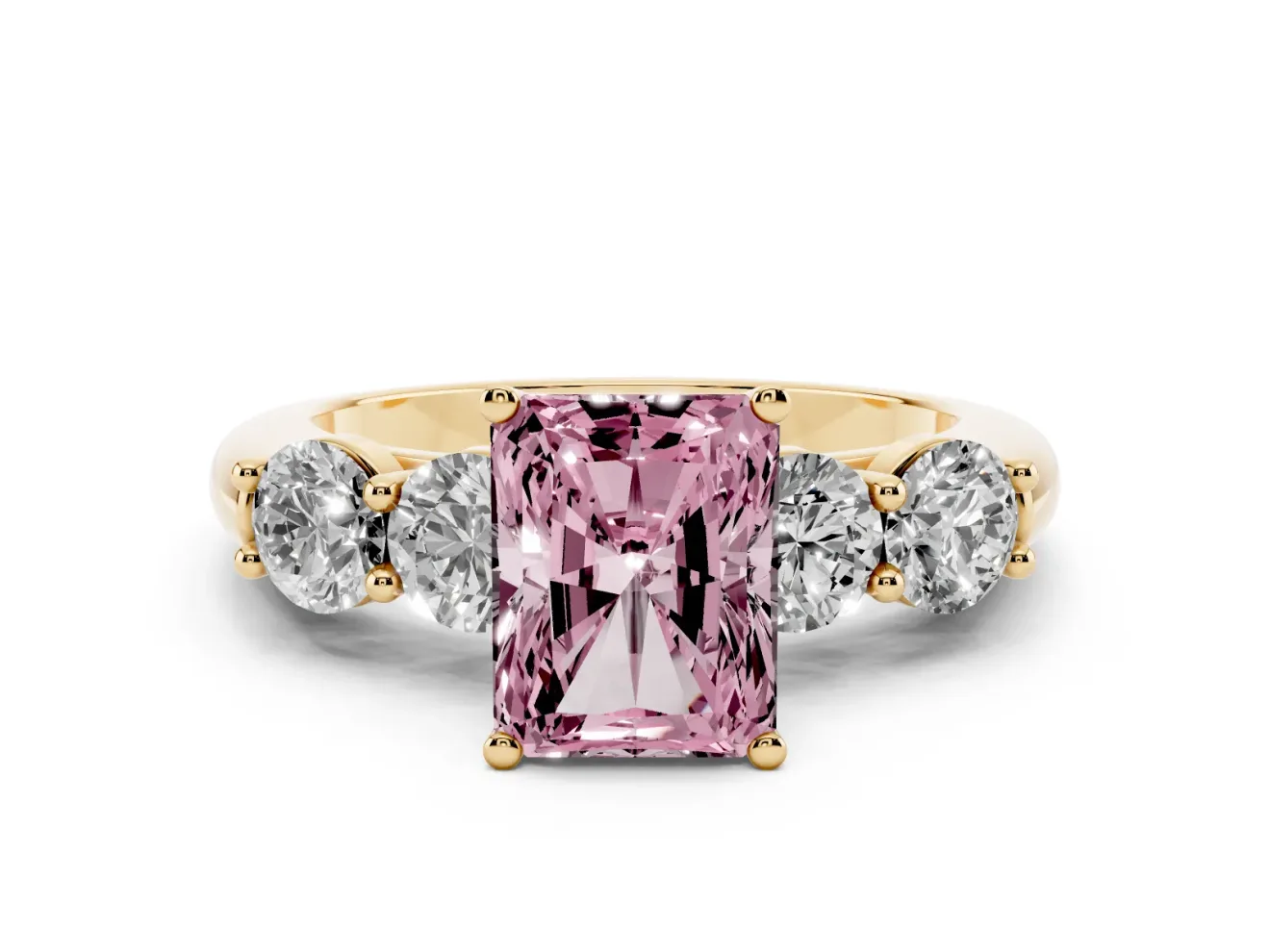 Radiant Cut Five Stone Engagement Ring Setting for a Fancy Pink Lab-Grown Diamond | Prong Set Side Stones | Yellow Gold