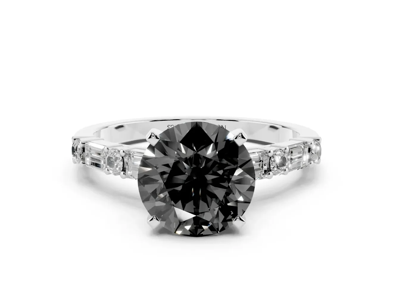 Round Baguette Side Stone Engagement Ring Setting for a Black Center | White Gold