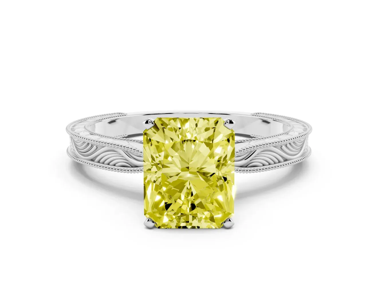Fancy Yellow Radiant Cut Diamond Solitaire Milgrain Engraved Band Set in White gold with Prong Setting