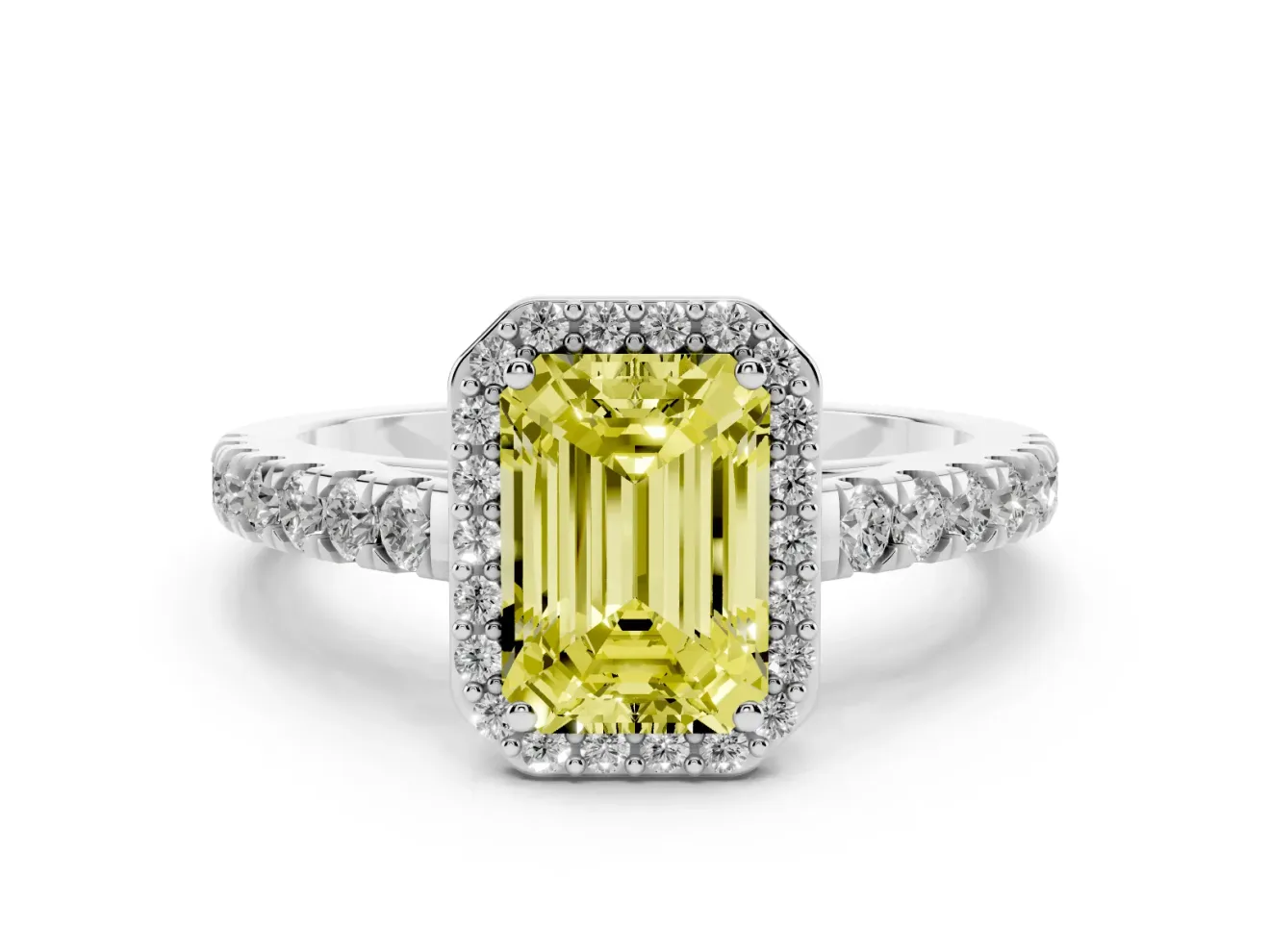 Fancy Yellow Emerald Cut Diamond Halo Engagement Ring Set in Silver with Pavé Band and Prong Setting