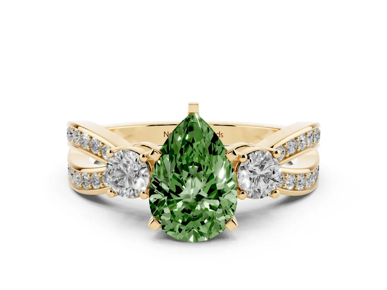 Fancy Green Three-Stone Pear Cut Diamond Twist Band Ring Set in Yellow gold with Pavé Accents and Prong Setting