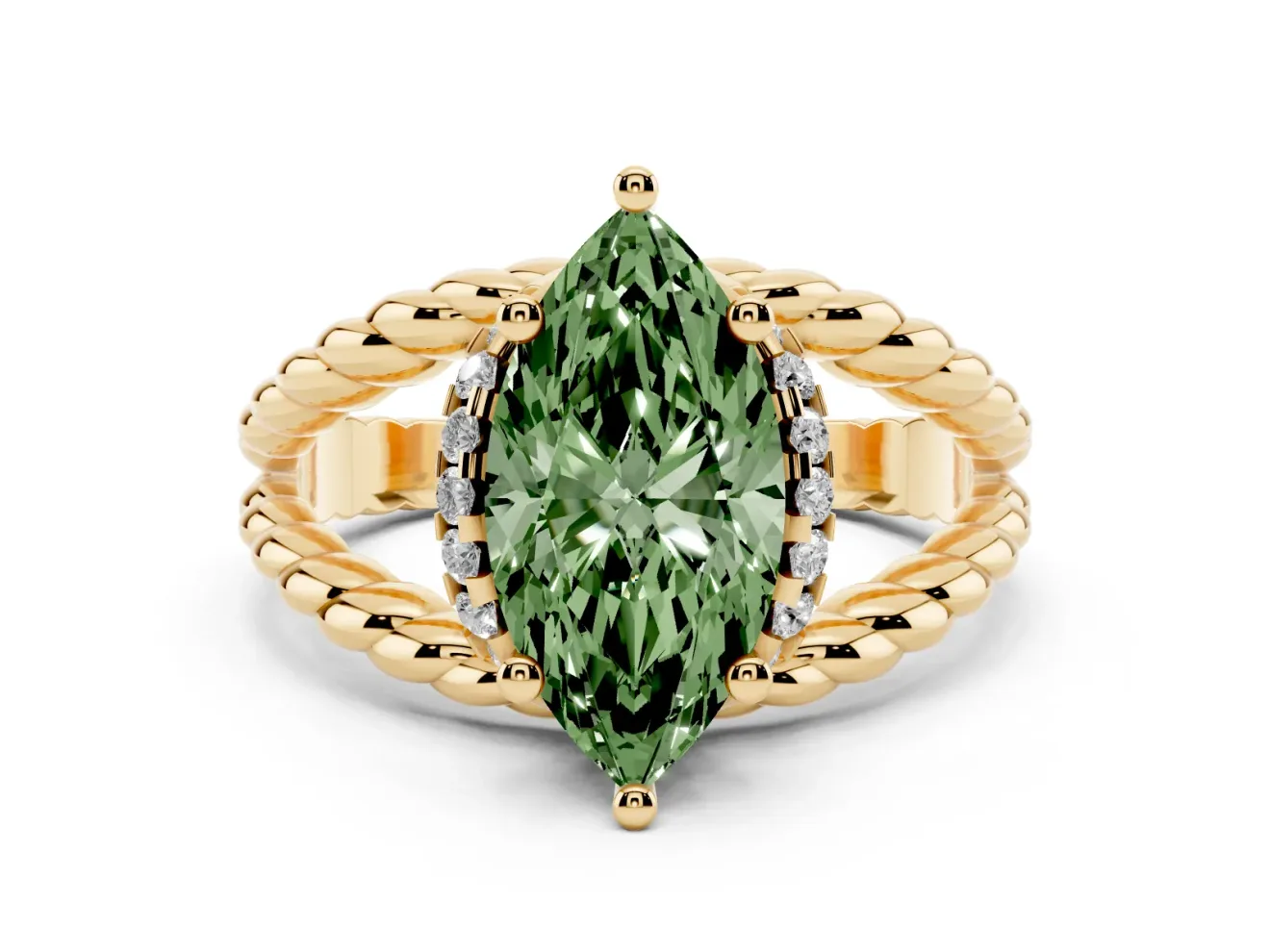 Fancy Green Marquise Cut Diamond Halo Ring Set in Yellow gold with Twisted Band and Prong Setting