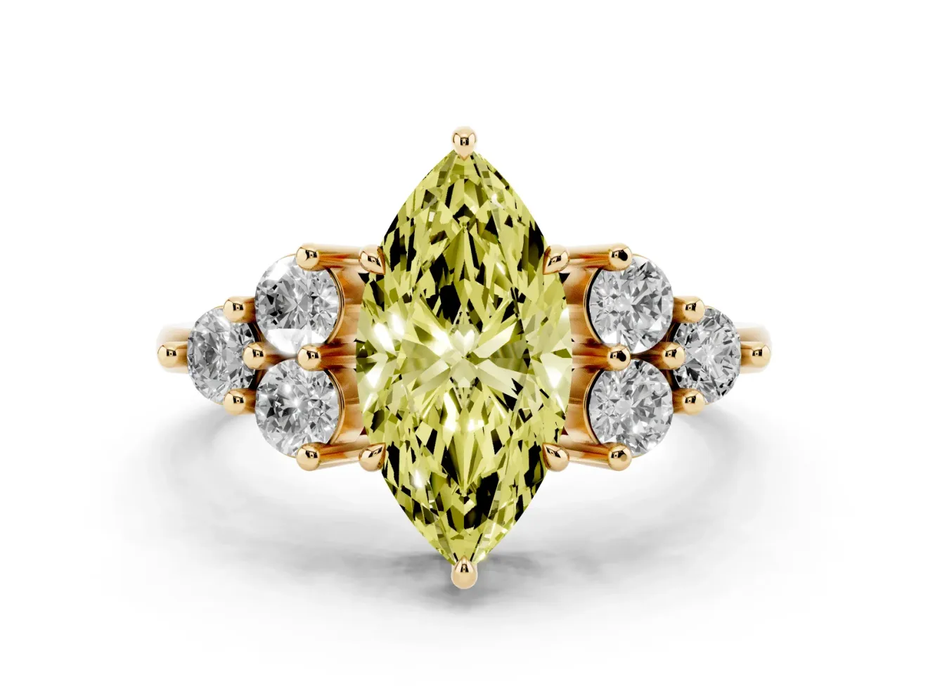 Marquise Cluster Side Stone Engagement Ring Setting for a Fancy Yellow Lab-Grown Diamond | Plain Band | Yellow Gold