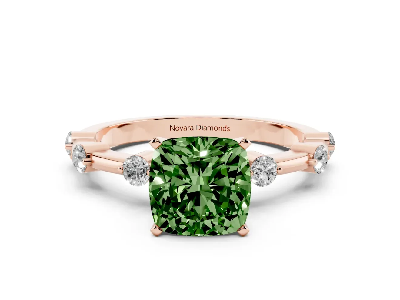 Fancy Green Cushion Cut Diamond Solitaire Ring Set in Rose gold with Bezel Set Side Stones and Prong Setting