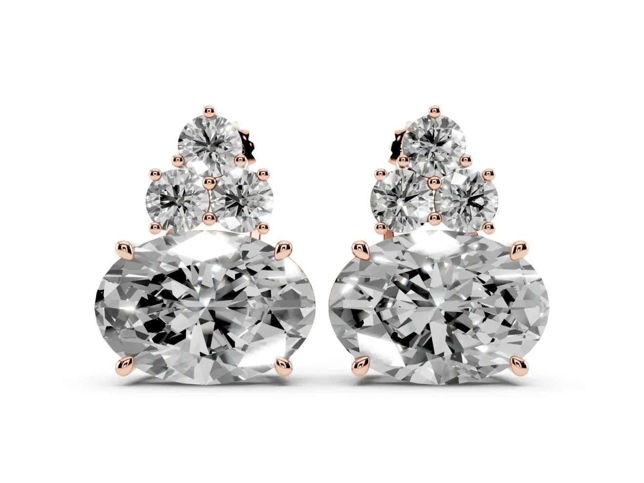 Oval Lab-Grown Diamond East-West Cluster Stud Earrings | Round Accent Trio | Rose Gold