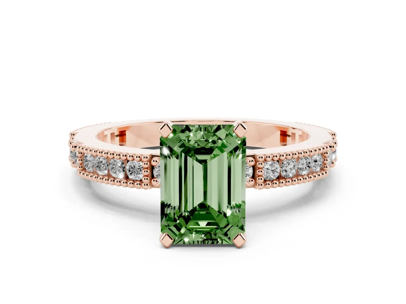Fancy Green Emerald Cut Diamond Solitaire Ring Set in Rose gold with Slim Pavé Band and Prong Setting